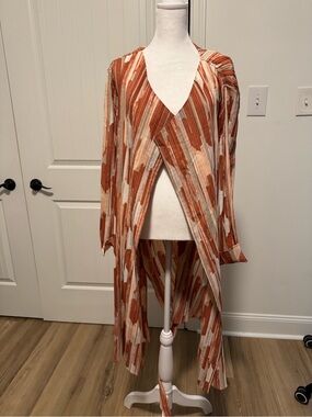 Chico's Striped Open-Front Duster in Rust and Cream